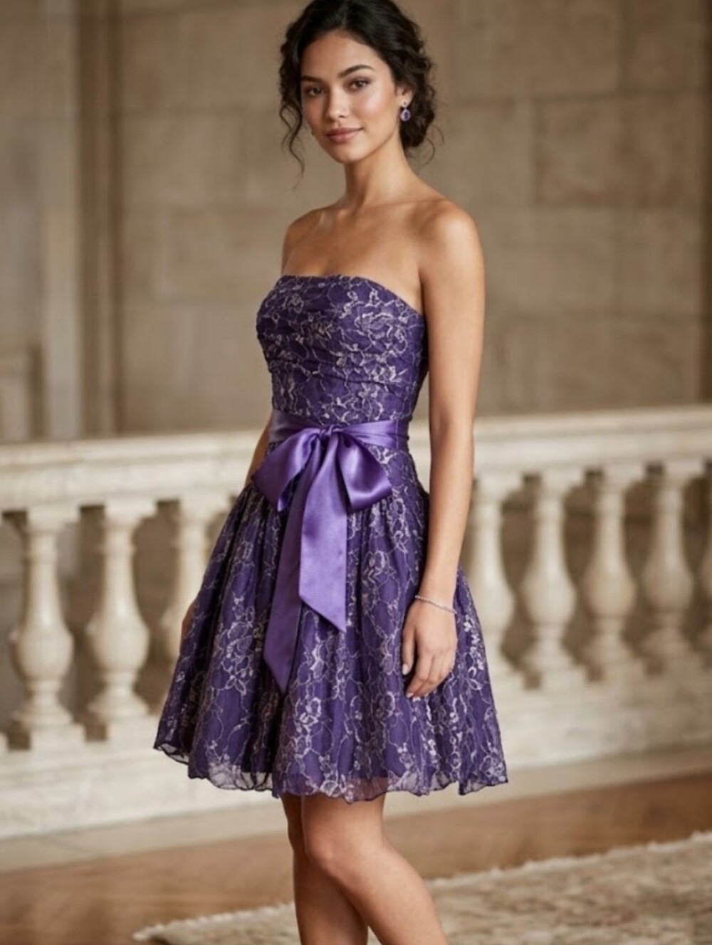 Vintage Y2K Jessica McClintock Purple Gold Lace Strapless Mini Dress 5